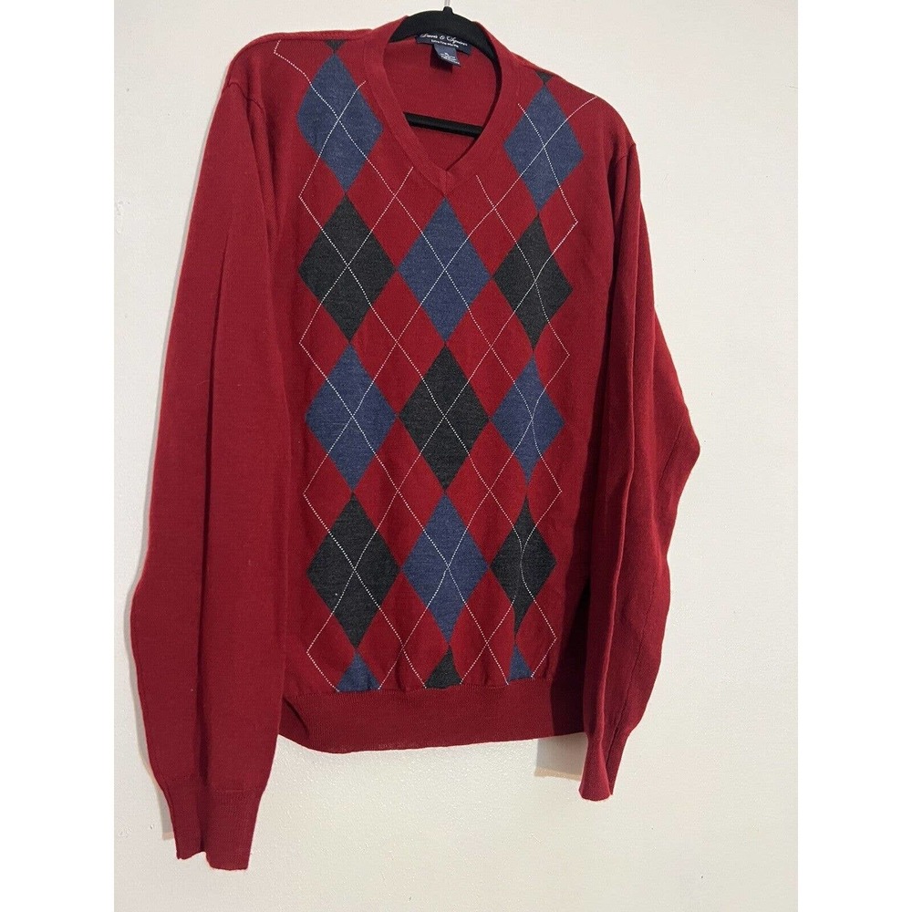 Davis & Squire Sweater Mens XL Large Red Combo Argile Extra Fine Merino V neck
